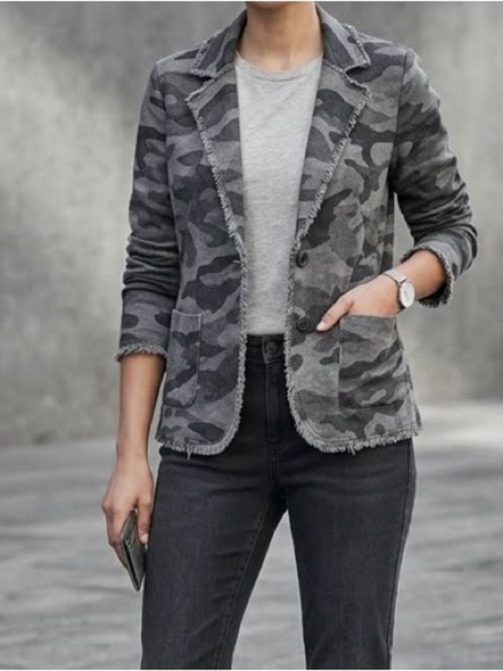 Nicci Italy Camo Knit Blazer Jacket – Open Front, Frayed Hem, Casual Chic 0127